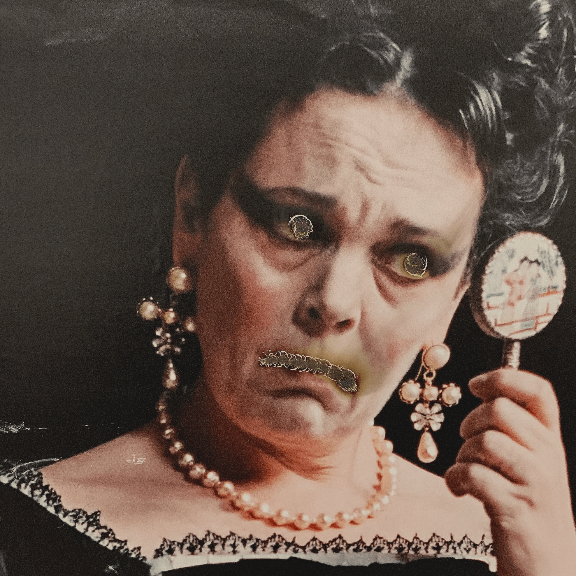 Let This Be A Mirror cover art. A vandalized poster. An elderly woman is looking into a mirror. The eyes and mouth have been burned with cigarettes, leaving holes in the poster.